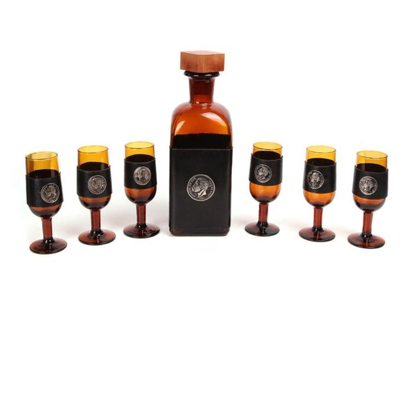 Vintage Spanish Amber Decanter 6 Glasses Coin Faux Leather Wrapped King Alfonso - Picture 1 of 8